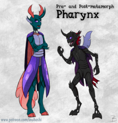 Size: 900x939 | Tagged: safe, artist:inuhoshi-to-darkpen, pharynx, changedling, changeling, humanoid, anthro, unguligrade anthro, g4, cloven hooves, colored hooves, compound eyes, crossed arms, gray background, humanized, insectoid, male, prince pharynx, scar, simple background, solo