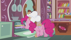 Size: 1920x1080 | Tagged: safe, screencap, pinkie pie, earth pony, pony, g4, the lost treasure of griffonstone, butt, chef's hat, female, hat, mare, mouth hold, plot, solo