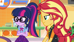 Size: 1920x1080 | Tagged: safe, screencap, sci-twi, sunset shimmer, twilight sparkle, equestria girls, equestria girls specials, g4, my little pony equestria girls: better together, my little pony equestria girls: rollercoaster of friendship, crossed arms, cute, duo, geode of empathy, geode of telekinesis, magical geodes, sci-twiabetes, shimmerbetes, smiling, twiabetes