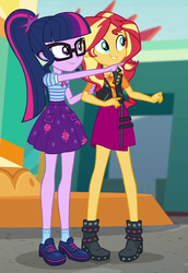 Size: 581x846 | Tagged: safe, screencap, sci-twi, sunset shimmer, twilight sparkle, equestria girls, equestria girls specials, g4, my little pony equestria girls: better together, my little pony equestria girls: rollercoaster of friendship, cropped, duo, female, geode of empathy, magical geodes