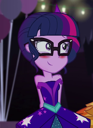 Size: 396x540 | Tagged: safe, screencap, sci-twi, twilight sparkle, equestria girls, g4, my little pony equestria girls: legend of everfree, bare shoulders, blushing, clothes, cropped, cute, daaaaaaaaaaaw, dress, female, glasses, sleeveless, solo, strapless, twiabetes