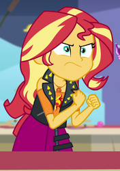 Size: 520x739 | Tagged: safe, screencap, sunset shimmer, equestria girls, equestria girls series, g4, rollercoaster of friendship, clothes, cropped, female, fist, geode of empathy, jacket, magical geodes, offscreen character, skirt