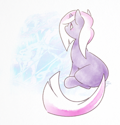 Size: 859x895 | Tagged: safe, artist:egophiliac, powder, pony, unicorn, g1, g4, abstract background, female, g1 to g4, generation leap, mare, signature, sitting, solo