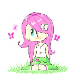 Size: 600x600 | Tagged: safe, artist:ume89s, fluttershy, butterfly, human, equestria girls, g4, blushing, boots, clothes, cute, female, grass, shoes, sitting, skirt, solo, tank top