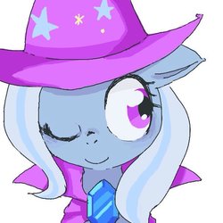 Size: 600x600 | Tagged: safe, artist:ume89s, trixie, pony, g4, cape, clothes, cute, diatrixes, female, floppy ears, hat, mare, one eye closed, smiling, solo, trixie's cape, trixie's hat