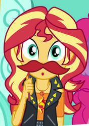 Size: 605x857 | Tagged: safe, screencap, sunset shimmer, equestria girls, equestria girls series, g4, rollercoaster of friendship, cropped, fake moustache, geode of empathy, magical geodes, offscreen character
