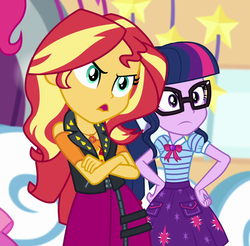 Size: 973x956 | Tagged: safe, screencap, pinkie pie, sci-twi, sunset shimmer, twilight sparkle, equestria girls, equestria girls series, g4, rollercoaster of friendship, angry, clothes, cropped, crossed arms, duo, female, geode of empathy, geode of telekinesis, glasses, jacket, magical geodes, offscreen character, offscreen female, offscreen pinkie pie, ponytail, skirt
