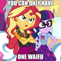 Size: 503x500 | Tagged: safe, edit, edited screencap, screencap, sci-twi, sunset shimmer, twilight sparkle, equestria girls, equestria girls specials, g4, my little pony equestria girls: better together, my little pony equestria girls: rollercoaster of friendship, angry, caption, clothes, duo, geode of empathy, geode of telekinesis, glasses, image macro, leather vest, magical geodes, meme, text