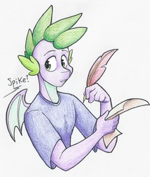 Size: 2417x2833 | Tagged: safe, artist:flicker-show, spike, dragon, anthro, g4, clothes, dialogue, high res, looking back, male, offscreen character, older, older spike, quill, shirt, simple background, solo, traditional art, white background, winged spike, wings