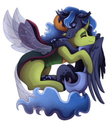 Size: 3500x3900 | Tagged: safe, artist:monnarcha, princess luna, thorax, alicorn, changedling, changeling, pony, g4, cute, eyes closed, female, high res, king thorax, lunabetes, male, mare, misleading thumbnail, ship:thuna, shipping, simple background, smiling, straight, thorabetes