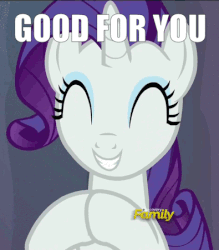 Size: 395x450 | Tagged: safe, edit, edited screencap, screencap, rarity, pony, unicorn, gauntlet of fire, animated, caption, clapping, cropped, cute, discovery family logo, eyes closed, female, gif, gif with captions, good for you, happy, image macro, impact font, mare, raribetes, reaction gif, sarcasm, smiling, solo, talking to viewer, text