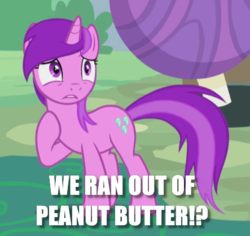 Size: 443x418 | Tagged: safe, amethyst star, sparkler, pony, g4, caption, exclamation point, image macro, interrobang, question mark, text, that pony sure loves peanut butter