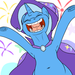 Size: 800x800 | Tagged: safe, artist:bennimarru, trixie, pony, g4, armpits, belly button, cape, clothes, eyes closed, female, fireworks, flat colors, frog (hoof), hat, hooves up, human teeth, jesus christ how horrifying, laughing, open mouth, pixel-crisp art, simple background, solo, transparent background, trixie's cape, trixie's hat, underhoof