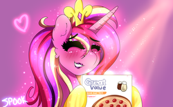 Size: 3480x2160 | Tagged: safe, artist:aaa-its-spook, princess cadance, alicorn, pony, g4, blushing, crepuscular rays, crown, cute, cutedance, eyes closed, eyeshadow, female, food, great value, happy, high res, horn, jewelry, lipstick, makeup, mare, meat, meme, peetzer, pepperoni, pepperoni pizza, pizza, ponies eating meat, regalia, smiling, solo, sparkly mane, that pony sure does love pizza, waifu