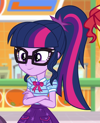 Size: 854x1054 | Tagged: safe, screencap, sci-twi, twilight sparkle, equestria girls, equestria girls series, g4, rollercoaster of friendship, bowtie, clothes, cropped, crossed arms, female, geode of telekinesis, glasses, magical geodes, ponytail, skirt, smiling, solo