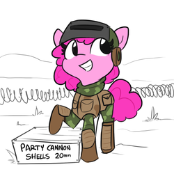 Size: 1280x1280 | Tagged: safe, artist:tjpones, pinkie pie, earth pony, pony, g4, barbed wire, boots, clothes, cute, female, mare, military uniform, partillery, raised hoof, shoes, smiling, soldier, solo