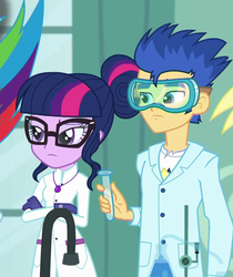 Size: 743x884 | Tagged: safe, screencap, flash sentry, sci-twi, twilight sparkle, a queen of clubs, equestria girls, g4, my little pony equestria girls: better together, clothes, cropped, crossed arms, female, geode of telekinesis, glasses, gloves, goggles, lab coat, magical geodes, male, science