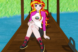 Size: 1143x768 | Tagged: safe, artist:anonix123, sunset shimmer, equestria girls, g4, my little pony equestria girls: legend of everfree, boots, camp everfree outfits, clothes, female, lake, looking at you, pier, shorts, smiling, solo, water