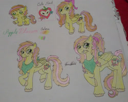 Size: 2744x2185 | Tagged: safe, artist:monse2001, oc, oc only, oc:apple blossom, pegasus, pony, age progression, baby, baby pony, bow, color palette, colored pencil drawing, cutie mark, deviantart watermark, diaper, female, filly, freckles, hair bow, hair tie, high res, mare, neckerchief, obtrusive watermark, offspring, parent:big macintosh, parent:fluttershy, parents:fluttermac, raised hoof, solo, straw in mouth, traditional art, unshorn fetlocks, watermark