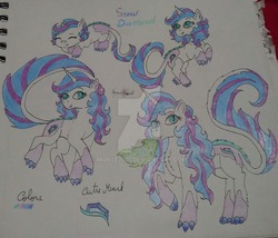 Size: 1024x875 | Tagged: safe, artist:monse2001, oc, oc only, oc:snow diamond, dracony, dragon, hybrid, pony, unicorn, age progression, baby, claws, color palette, colored pencil drawing, cutie mark, female, filly, fire, fire breath, interspecies offspring, leonine tail, mare, offspring, parent:rarity, parent:spike, parents:sparity, rearing, slit pupils, solo, traditional art