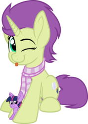 Size: 854x1200 | Tagged: safe, artist:binkyt11, derpibooru exclusive, twilight sparkle, oc, oc only, oc:sky spark, alicorn, pony, unicorn, 2019 community collab, derpibooru community collaboration, g4, .svg available, :p, :t, clothes, cute, daaaaaaaaaaaw, faic, female, green eyes, looking at you, mare, ocbetes, one eye closed, plushie, purple hair, scarf, silly, simple background, smiling, smirk, solo, svg, tongue out, toy, transparent background, twiface, twilight sparkle (alicorn), vector, wink