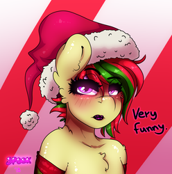 Size: 1614x1629 | Tagged: safe, artist:aaa-its-spook, oc, oc only, oc:attraction, anthro, chest fluff, christmas, deadpan, delet this, femboy, hat, holiday, lipstick, makeup, male, meme, raised eyebrow, santa hat, solo, trap, unamused