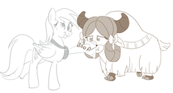 Size: 1110x598 | Tagged: safe, artist:sintakhra, derpy hooves, yona, pegasus, pony, yak, tumblr:studentsix, g4, :p, ask, boop, bow, cloven hooves, derp, duo, female, hair bow, letter, mailbag, monkey swings, monochrome, silly, simple background, tongue out, tumblr, white background