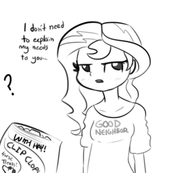Size: 1280x1280 | Tagged: safe, artist:tjpones, sunset shimmer, equestria girls, g4, clothes, dialogue, female, homesick, homesick shimmer, lineart, monochrome, shirt, simple background, sketch, solo, sunset wants her old digestive system back
