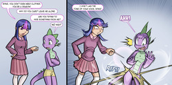 Size: 8956x4409 | Tagged: safe, artist:garam, spike, twilight sparkle, dragon, human, anthro, g4, 2 panel comic, absurd resolution, assisted exposure, boxers, clothes, comic, embarrassed, embarrassed nude exposure, female, magic abuse, male, nudity, partial nudity, ship:twispike, shipping, straight, straight shota, stripped by magic, topless, torn clothes, underwear, underwear removed, undressing