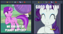 Size: 615x336 | Tagged: safe, amethyst star, rarity, sparkler, derpibooru, g4, caption, exploitable meme, image macro, juxtaposition, meta, text