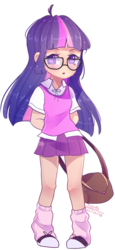 Size: 671x1462 | Tagged: safe, artist:erinartista, twilight sparkle, human, g4, chibi, clothes, converse, female, glasses, humanized, schoolgirl, shoes, simple background, sneakers, solo, transparent background