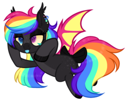 Size: 1024x826 | Tagged: safe, artist:_spacemonkeyz_, oc, oc only, oc:happy pills, bat pony, pony, bat pony oc, colored hooves, colored wings, female, heterochromia, jaundice, mare, rainbow hair, scene kid, simple background, solo, tongue out, transparent background