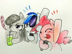 Size: 1024x767 | Tagged: safe, artist:ume89s, dj pon-3, octavia melody, pinkie pie, vinyl scratch, pony, g4, annoyed, drinking, female, hoof in air, karaoke, lidded eyes, mare, octavia is not amused, open mouth, singing, smiling, traditional art, unamused, urge to kill rising