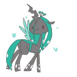 Size: 600x600 | Tagged: safe, artist:ume89s, queen chrysalis, changeling, changeling queen, g4, blush sticker, blushing, bugbutt, butt, chrysalass, cute, cutealis, cuteling, female, floating heart, heart, looking back, plot, smiling