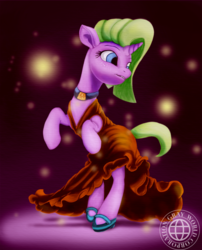 Size: 1000x1237 | Tagged: safe, artist:grayworldcorporation, oc, oc only, pony, unicorn, abstract background, bipedal, choker, clothes, dress, female, mare, shoes, solo