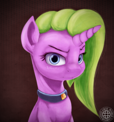 Size: 1450x1547 | Tagged: source needed, safe, artist:grayworldcorporation, oc, oc only, pony, unicorn, abstract background, bust, choker, female, frown, jewelry, looking at you, mare, portrait, sitting, solo