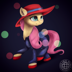 Size: 1200x1200 | Tagged: source needed, safe, artist:grayworldcorporation, fluttershy, pegasus, pony, g4, abstract background, clothes, female, hat, mare, smiling, solo