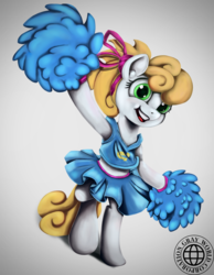 Size: 932x1200 | Tagged: source needed, safe, artist:grayworldcorporation, oc, oc only, pony, bipedal, cheerleader, clothes, female, gradient background, mare, midriff, smiling, solo, tank top