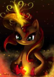 Size: 3200x4563 | Tagged: safe, artist:darksly, sunset shimmer, pony, unicorn, g4, female, glowing horn, horn, mare, smiling, solo