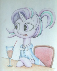 Size: 2640x3274 | Tagged: safe, artist:itchystomach, starlight glimmer, pony, unicorn, g4, alternate hairstyle, clothes, high res, jewelry, necklace, sitting, traditional art