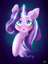 Size: 768x1024 | Tagged: safe, artist:skattle88, starlight glimmer, pony, unicorn, g4, blushing, female, glowing horn, horn, solo