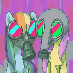 Size: 600x600 | Tagged: safe, artist:ume89s, fluttershy, rainbow dash, pony, g4, female, gas mask, mare, mask