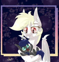 Size: 757x800 | Tagged: safe, artist:unisoleil, oc, oc only, oc:albi light wing, oc:silvia rhea wing, bat pony, pony, baby, baby pony, female, filly, heart eyes, mare, wingding eyes