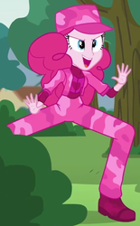 Size: 417x674 | Tagged: safe, screencap, pinkie pie, equestria girls, g4, my little pony equestria girls: friendship games, pinkie spy (short), camouflage, female, jazz hands, long legs, outfit catalog, solo