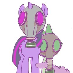 Size: 600x600 | Tagged: safe, artist:ume89s, spike, twilight sparkle, dragon, pony, g4, female, gas mask, looking at you, male, mare, mask