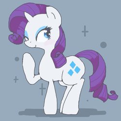 Size: 600x600 | Tagged: safe, artist:ume89s, rarity, pony, unicorn, g4, blue background, female, horn, looking back, mare, one eye closed, raised hoof, simple background, smiling, solo