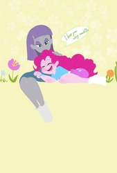 Size: 809x1200 | Tagged: safe, artist:horatio_kun, maud pie, pinkie pie, equestria girls, g4, clothes, cute, dialogue, diapinkes, duo, eyes closed, female, flower, hand on head, maudabetes, missing shoes, sibling love, siblings, sisterly love, sisters, skirt, smiling, socks, speech bubble, when she smiles