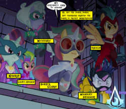Size: 2284x1973 | Tagged: safe, alternate version, artist:darktailsko, idw, fili-second, indigo zap, lemon zest, mistress marevelous, radiance, saddle rager, sci-twi, sour sweet, sugarcoat, sunny flare, twilight sparkle, zapp, earth pony, pegasus, pony, unicorn, g4, alternate hairstyle, boots, building, caption, clothes, commission, costume, equestria girls ponified, eyeshadow, female, flying, goggles, gritted teeth, jewelry, levitation, magic, makeup, mare, mask, masked matter-horn costume, necklace, night, outfit, ponified, power ponies, raised hoof, rooftop, scenery, self-levitation, shadow six, shoes, signature, skyscraper, superhero, telekinesis, text box, the shadow ponies, unicorn sci-twi, watermark