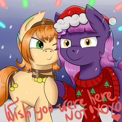 Size: 2000x2000 | Tagged: safe, artist:luriel maelstrom, oc, oc only, oc:hazel glow, oc:lavender eclipse, pony, bells, christmas, christmas lights, christmas sweater, clothes, female, hat, heart, high res, holiday, looking at you, one eye closed, santa hat, side hug, simple background, snow, sweater, wink, writing