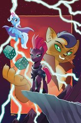 Size: 755x1147 | Tagged: safe, artist:tony fleecs, idw, official comic, capper dapperpaws, tempest shadow, trixie, abyssinian, pony, unicorn, anthro, g4, my little pony: the movie, nightmare knights, spoiler:comic, spoiler:comicnightmareknights02, anthro with ponies, armor, broken horn, cape, chest fluff, clothes, dice, eye scar, female, flying, glowing horn, horn, lightning, looking at you, male, mare, scar